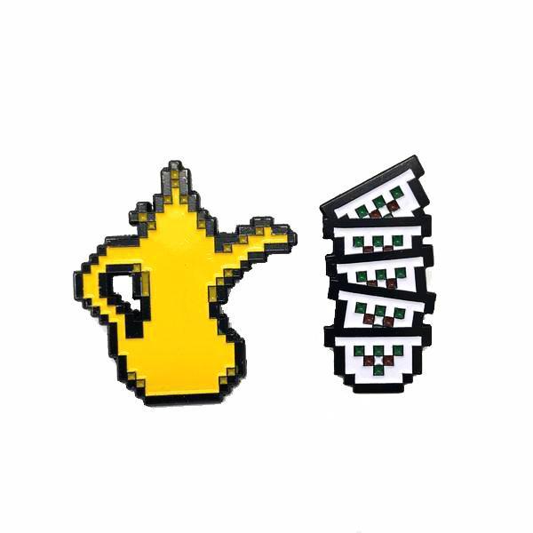 8-bit Arabic qahwah pot and cups enamel pin set by Elbotik