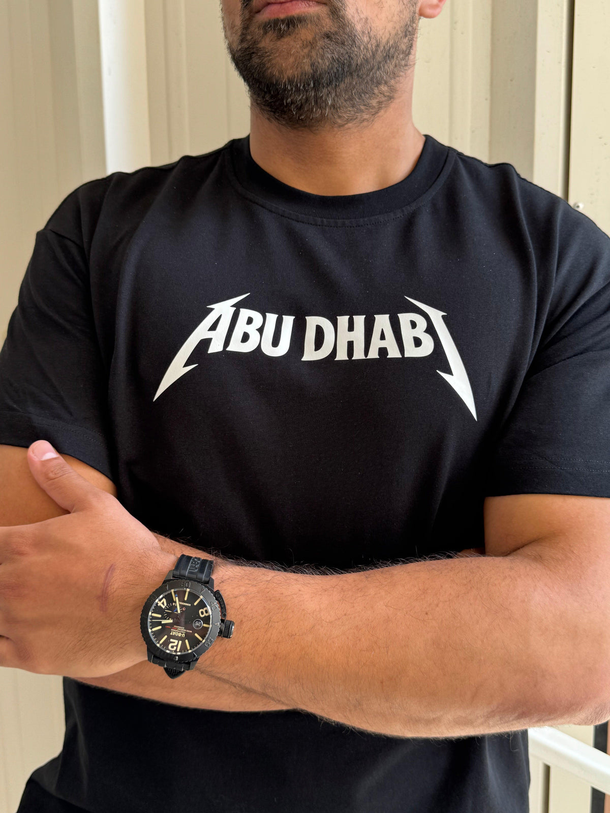 Abu Dhabi Metal Tee worn, detail