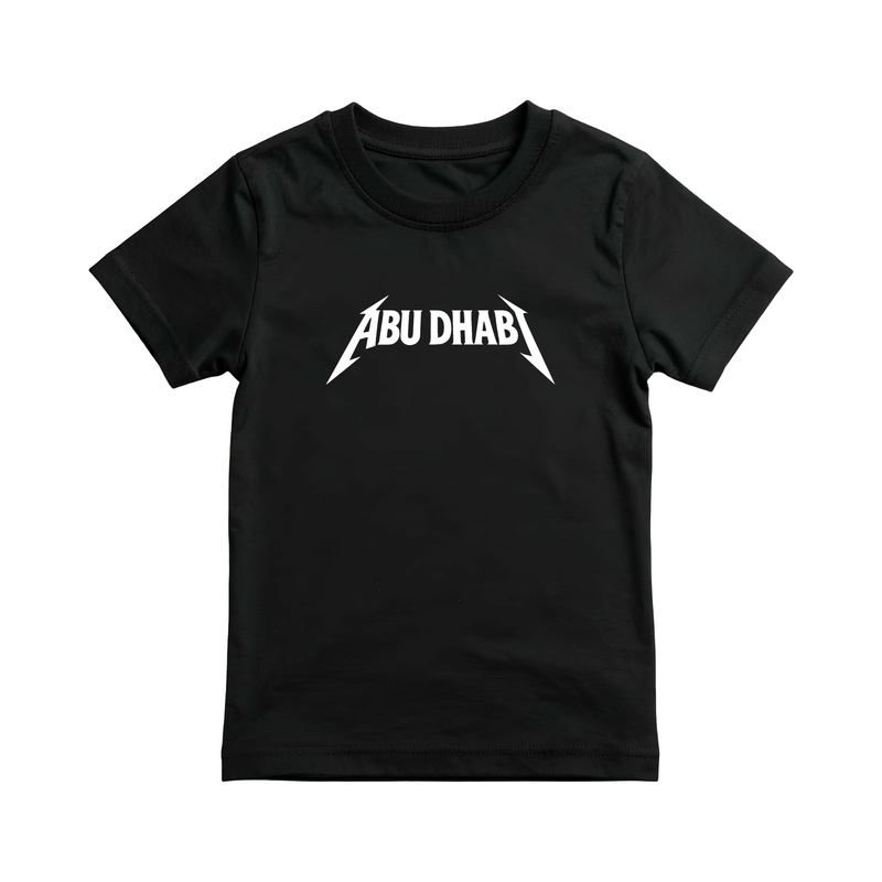 Abu Dhabi Metal kids tee in black by Elbotik, front view