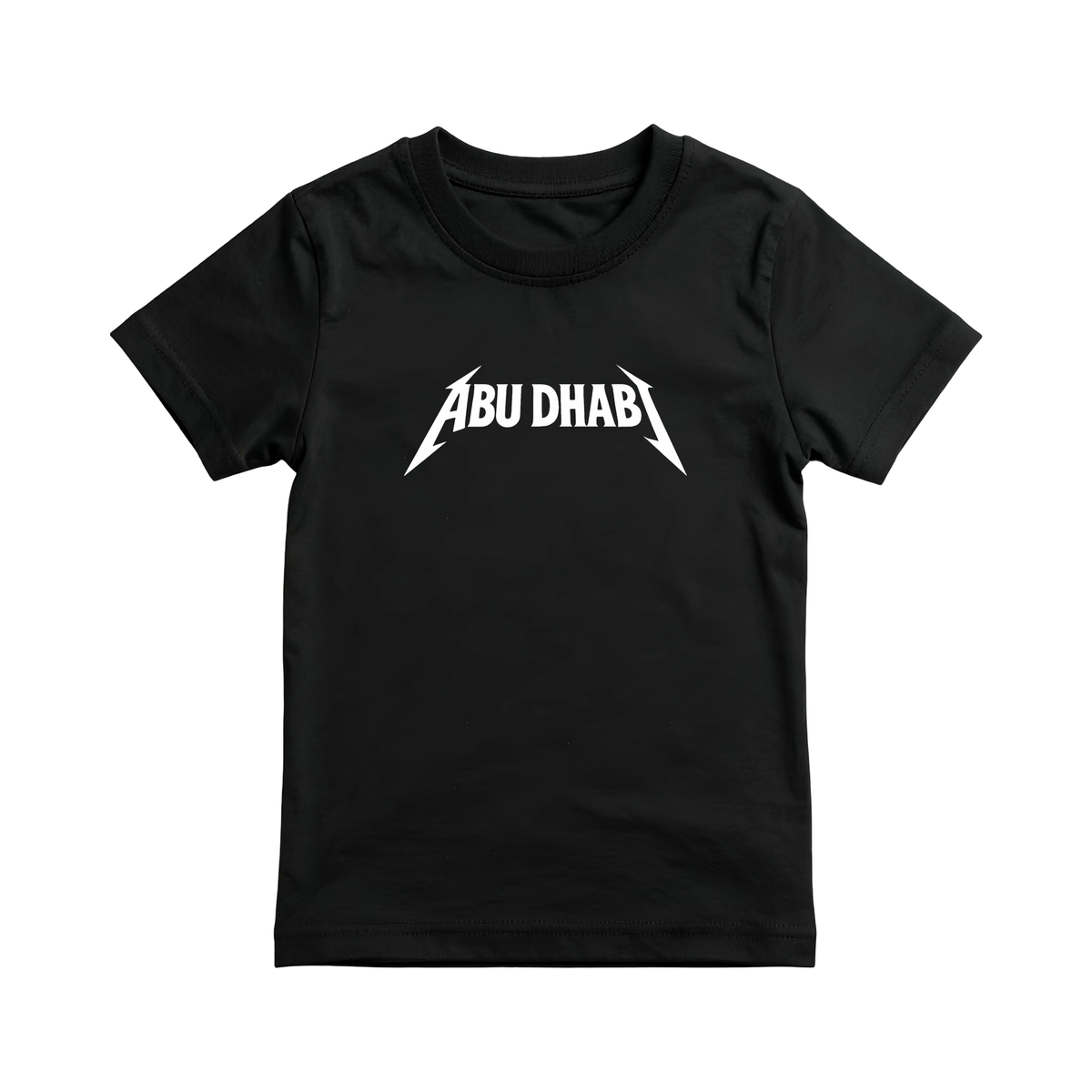 Abu Dhabi Metal kids tee in black by Elbotik, front view