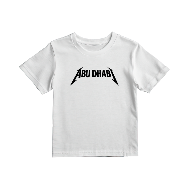 Abu Dhabi Metal kids tee in white by Elbotik, front view