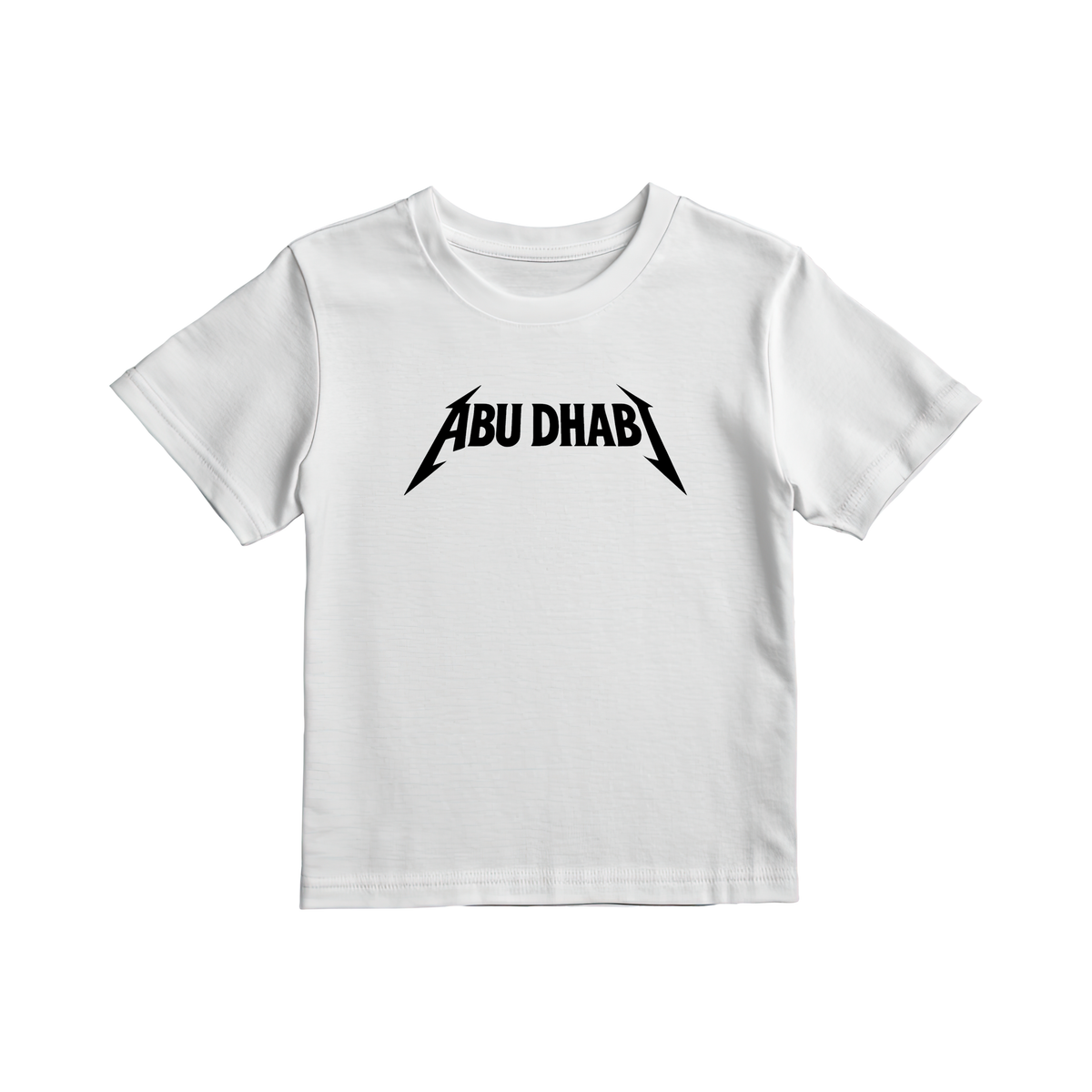 Abu Dhabi Metal kids tee in white by Elbotik, front view