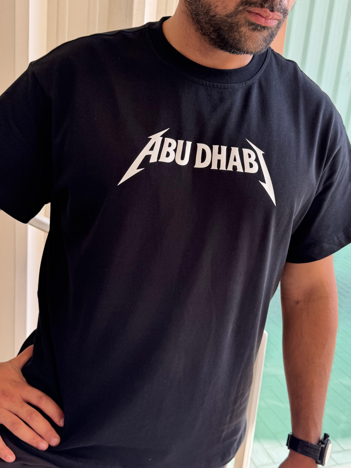 Abu Dhabi Metal Tee worn, alternate angle