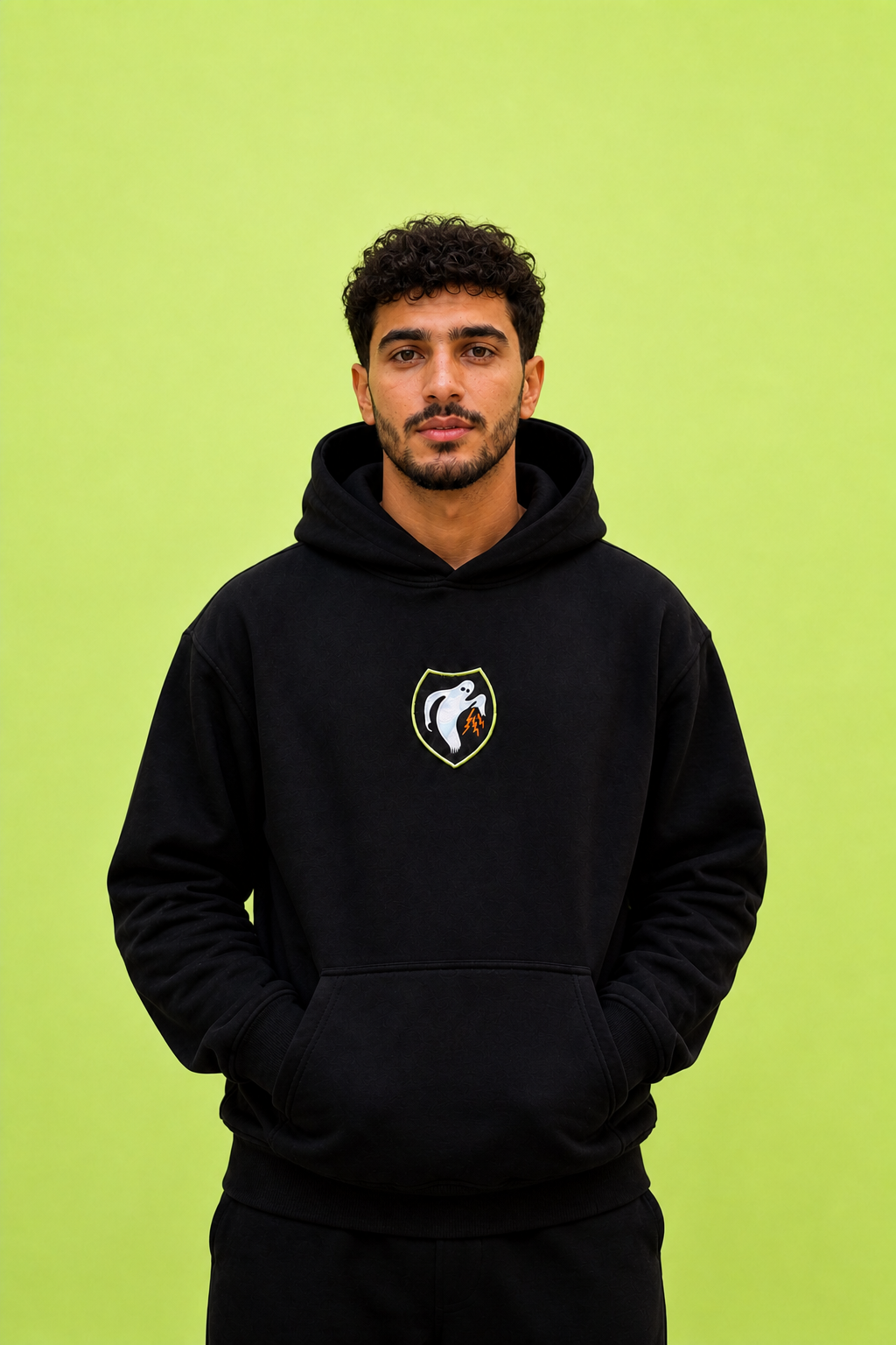 Alpha Juliet Ghost Hoodie in black, worn front view