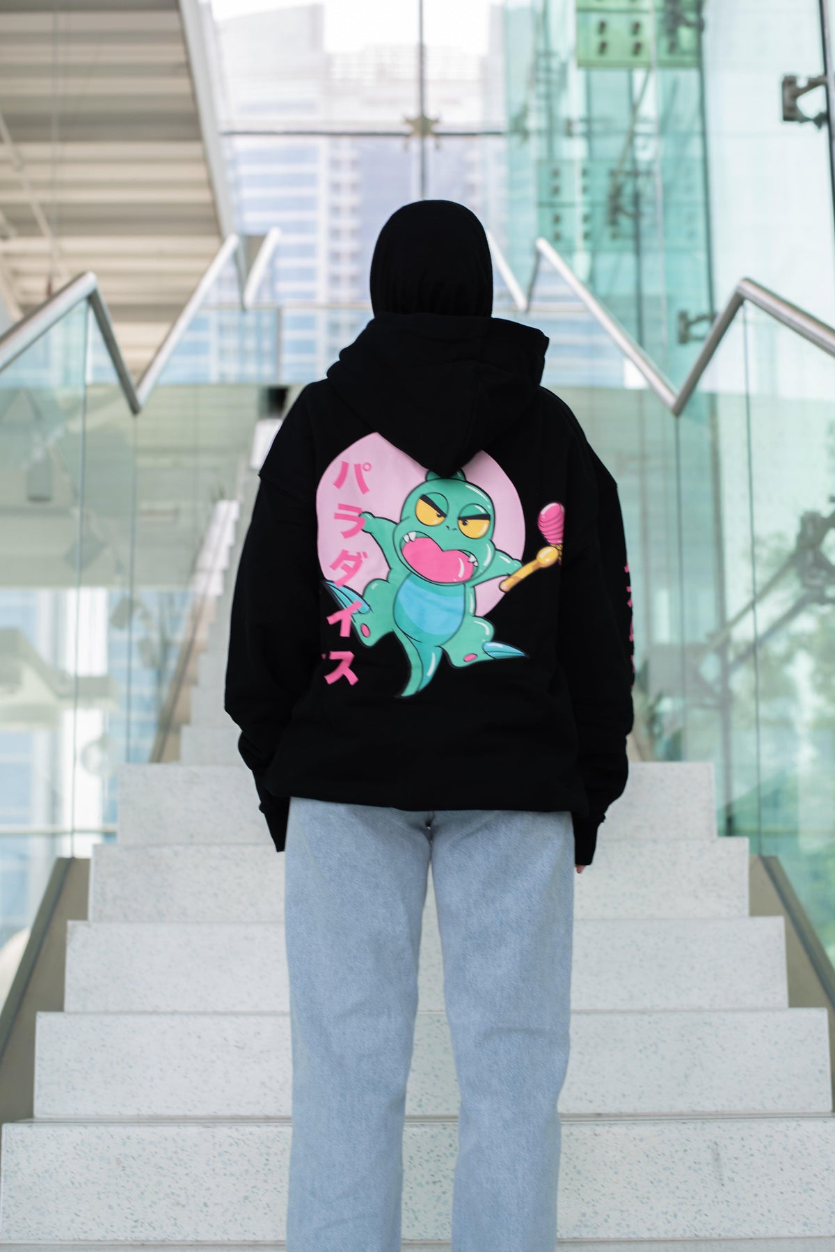 Muka Muka hoodie worn, studio shot