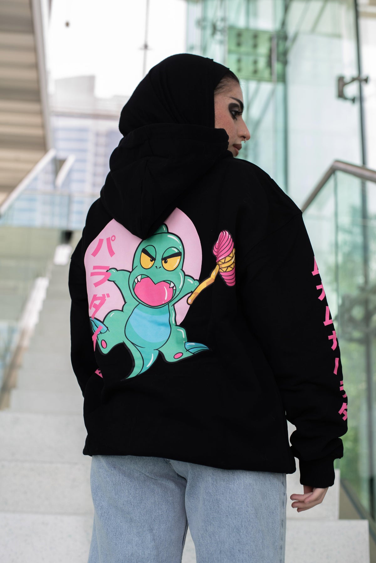 Muka Muka oversized black hoodie by Elbotik, worn front view