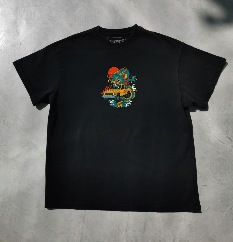 Dragon Shaas tee in black, front view
