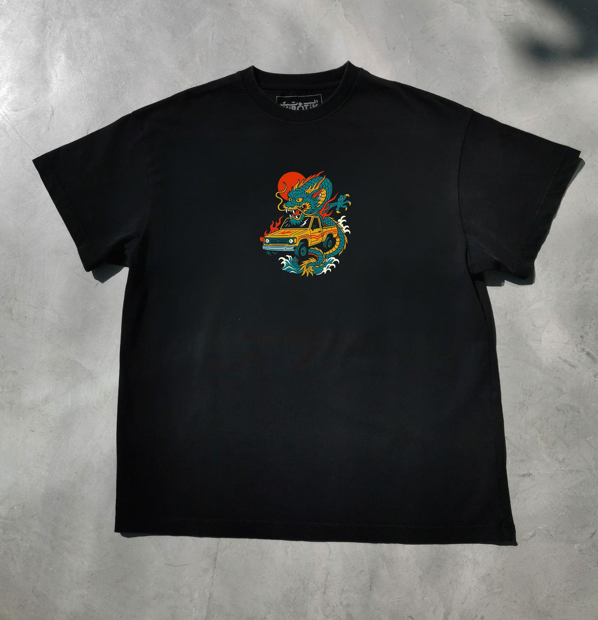 Dragon Shaas tee in black, front view
