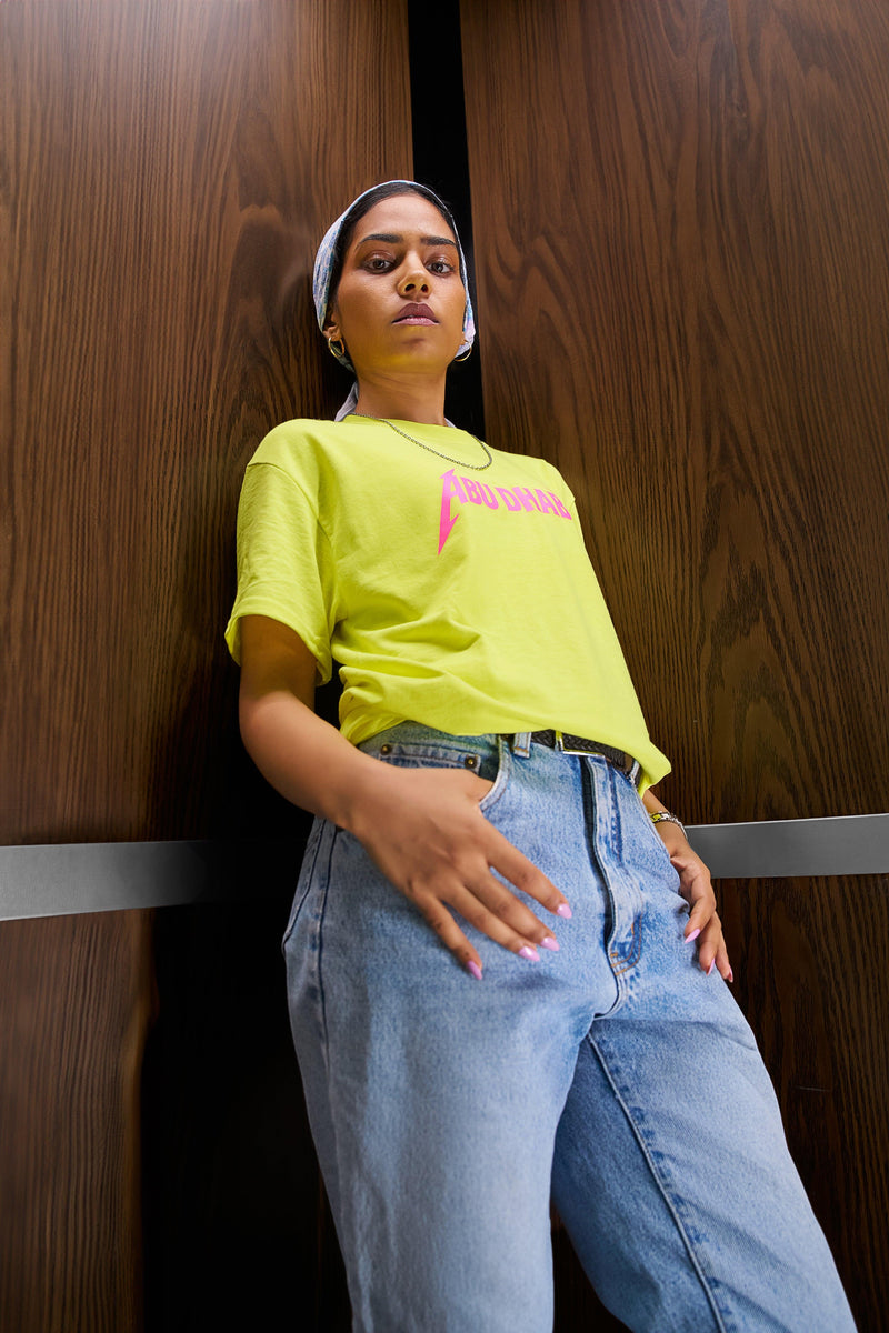 Abu Dhabi Metal Tee Neon Edition, worn alternate angle