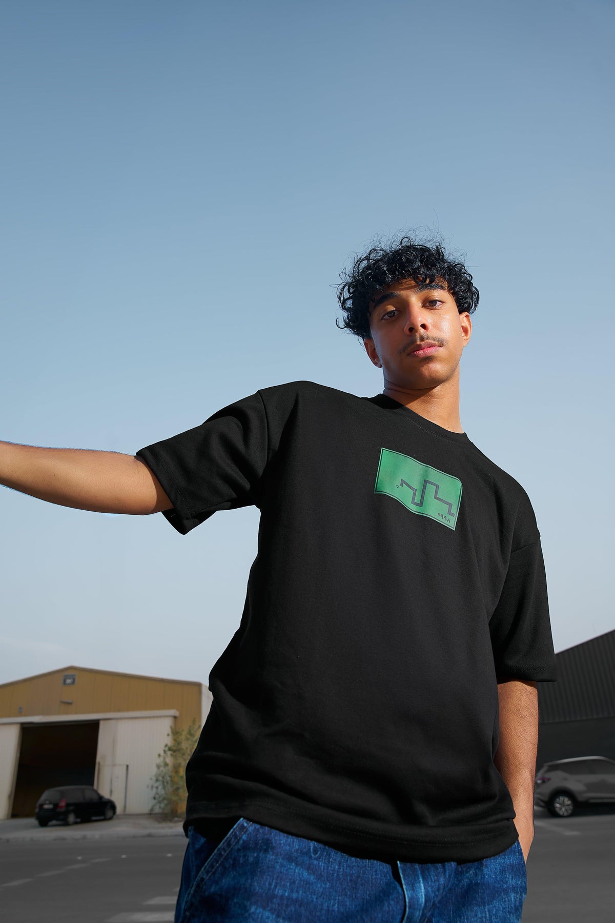 Snake Mode pixel tee in black by Elbotik, worn front view