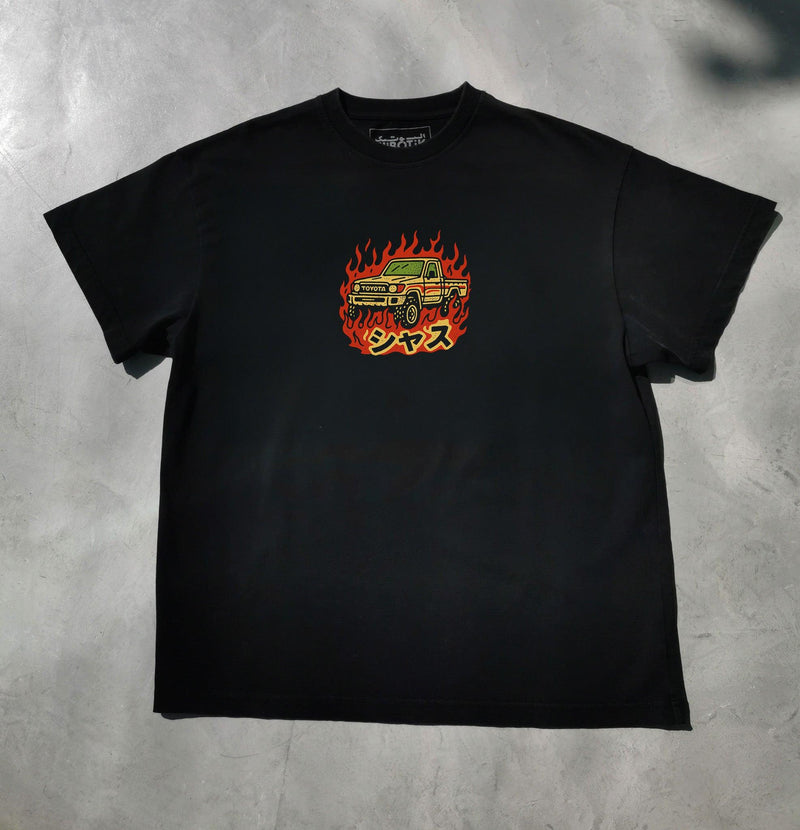 Shaas on Flames tee in black, front view