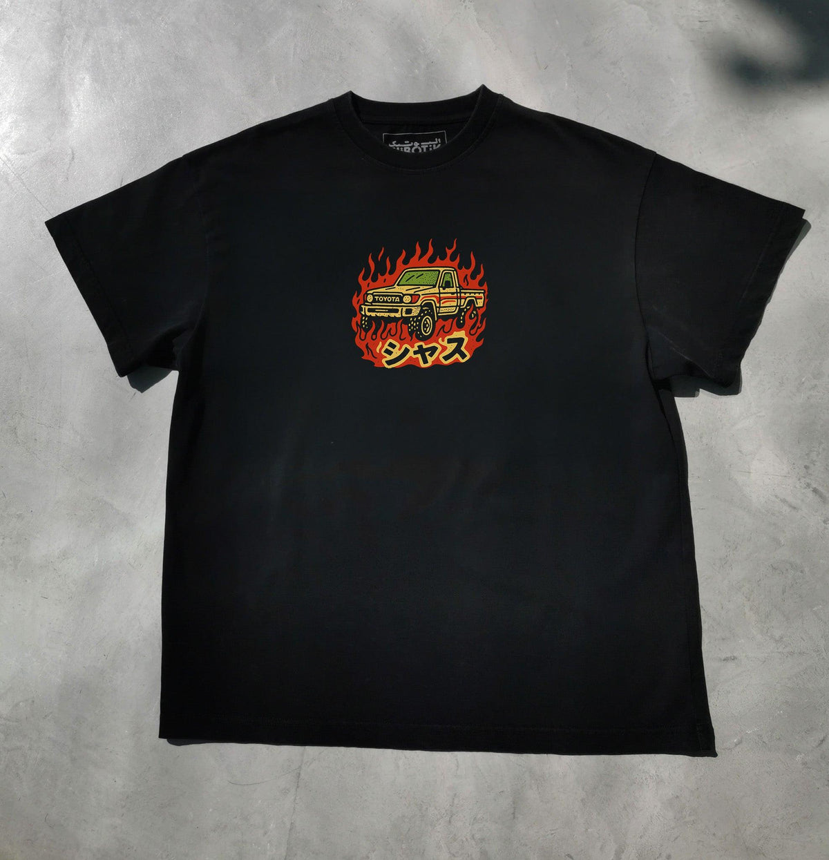 Shaas on Flames tee in black, front view