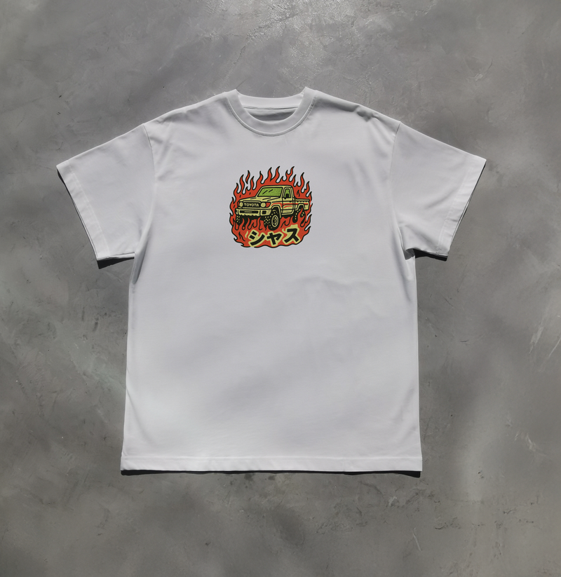 Shaas on Flames tee in white, front view
