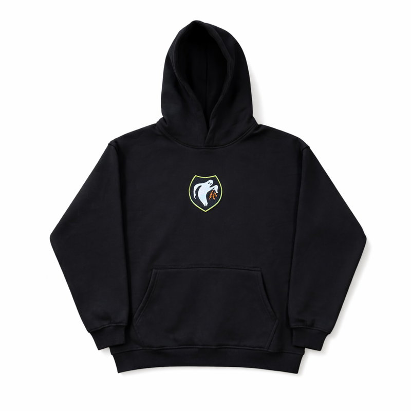 Alpha Juliet Ghost Hoodie, front view with chest crest