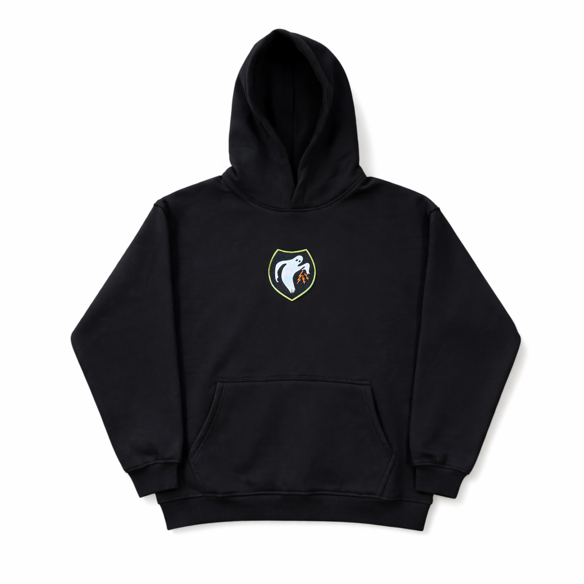 Alpha Juliet Ghost Hoodie, front view with chest crest
