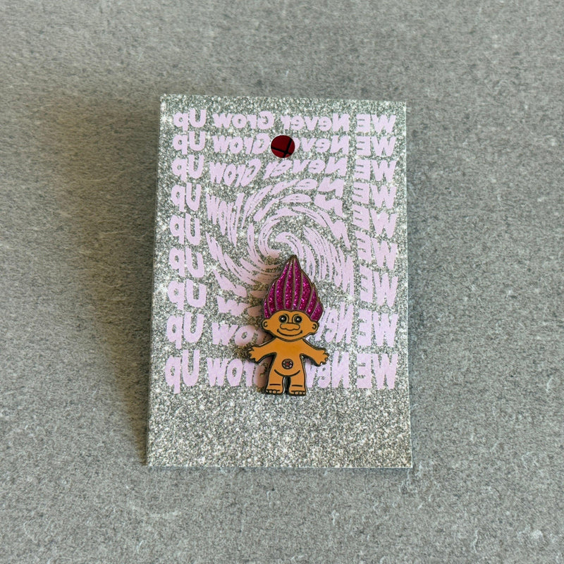 Pink glitter troll enamel pin by Elbotik