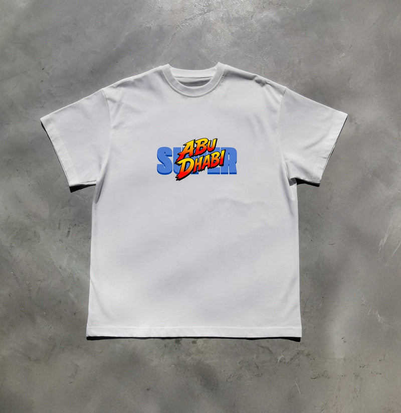 Super Abu Dhabi retro arcade tee in white, front view