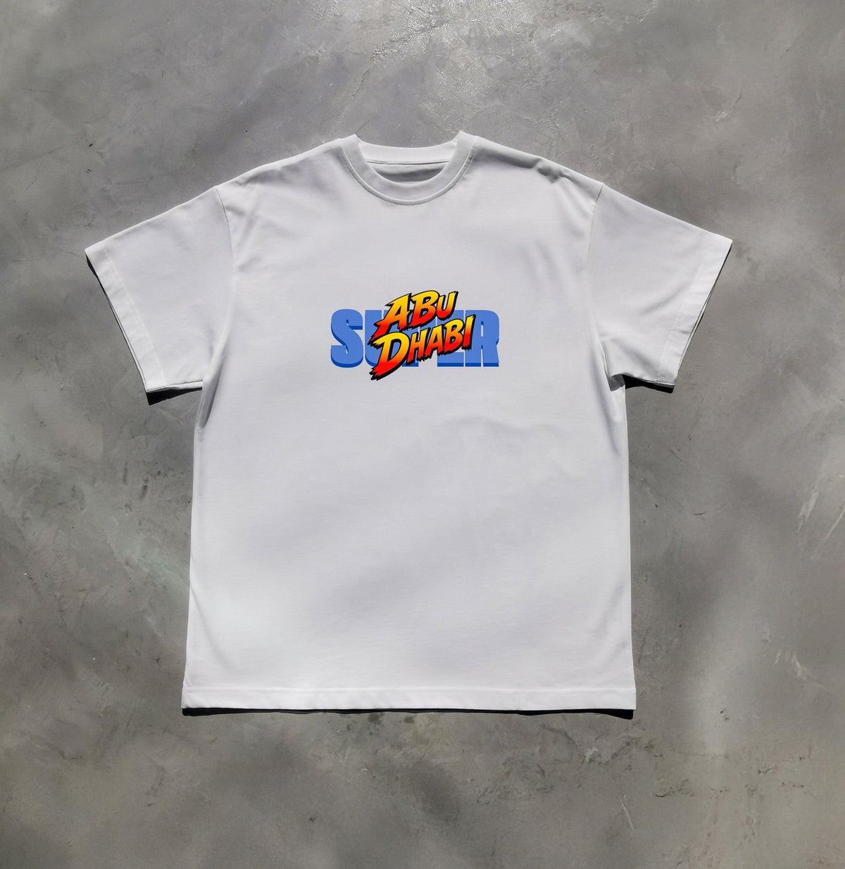 Super Abu Dhabi retro arcade tee in white, front view