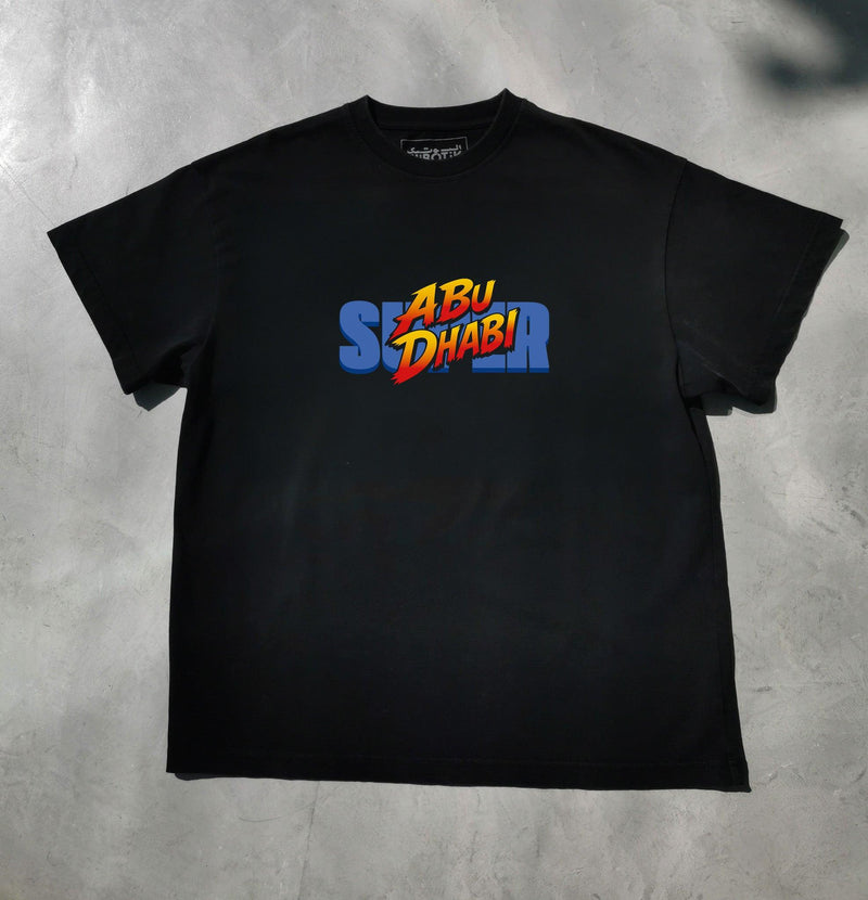 Super Abu Dhabi retro arcade tee in black, front view