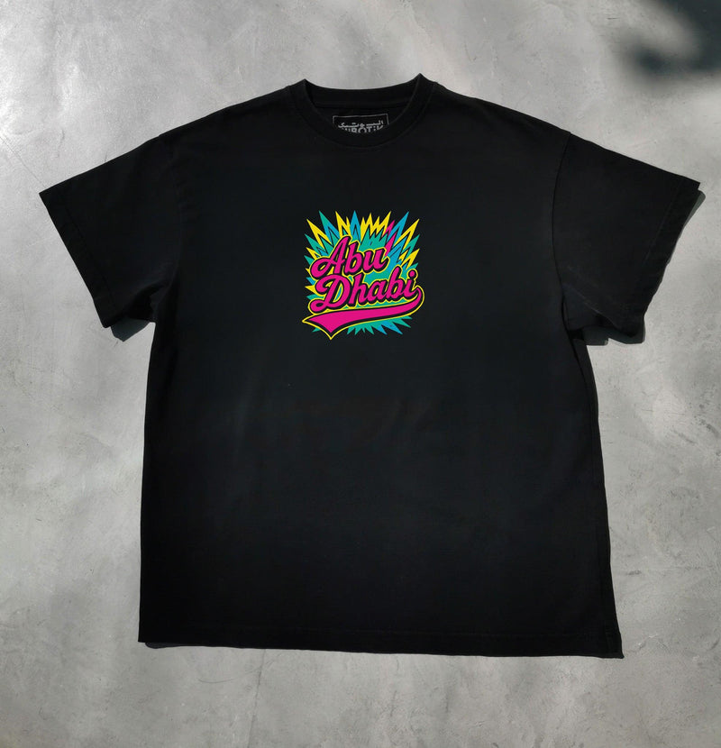 Retro neon Abu Dhabi tee in black, front view