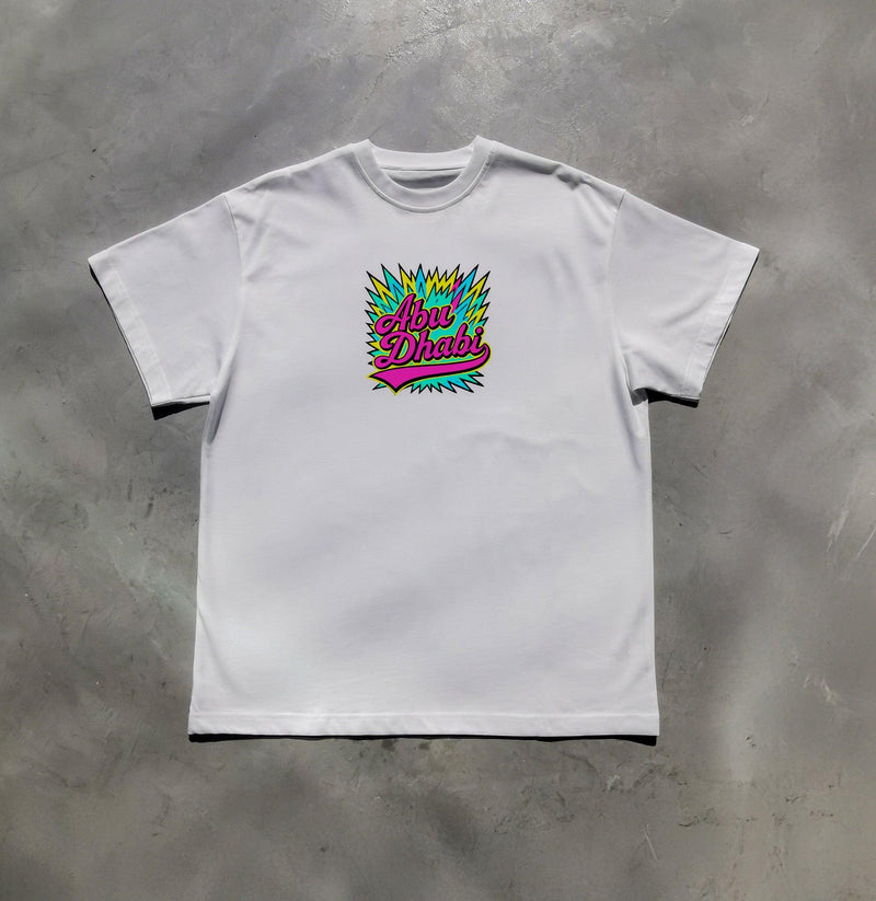Retro neon Abu Dhabi tee in white, front view