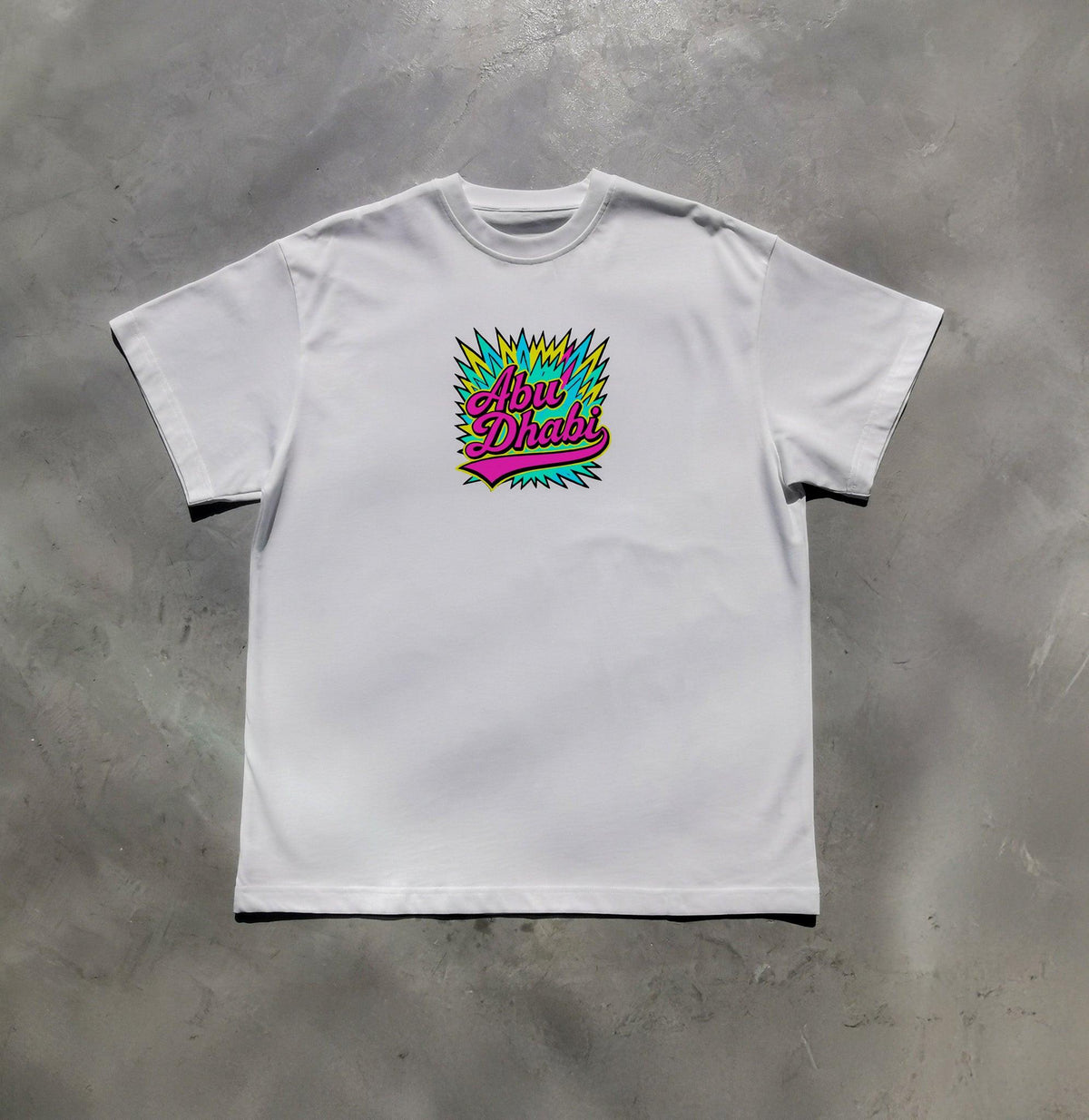 Retro neon Abu Dhabi tee in white, front view