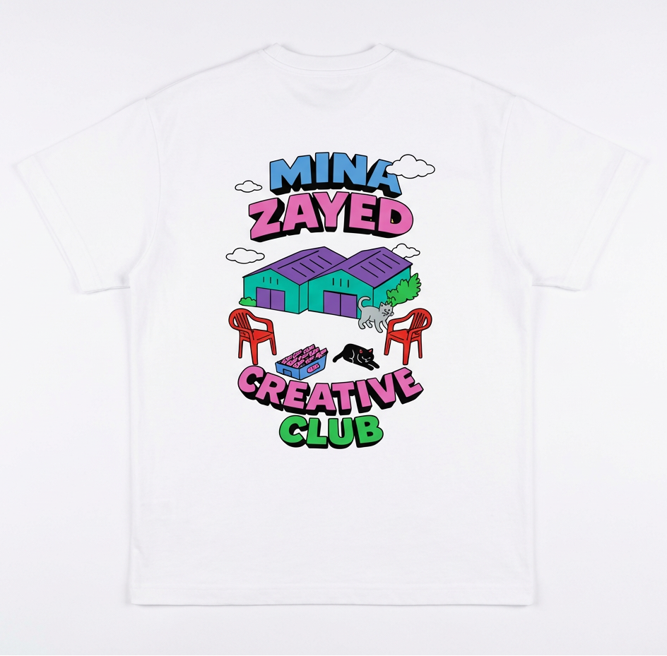Mina Zayed Creative Club backprint tee, front view