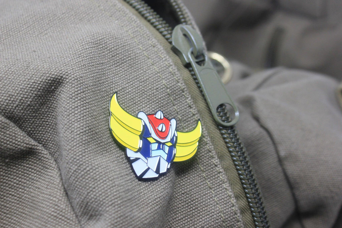 Retro robot enamel pin, detail