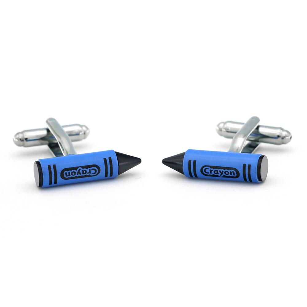Blue crayon cufflinks, side detail