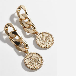 Long Chain Coin Statement Round Dangle Earrings