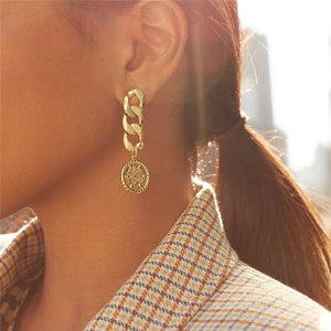Long Chain Coin Statement Round Dangle Earrings