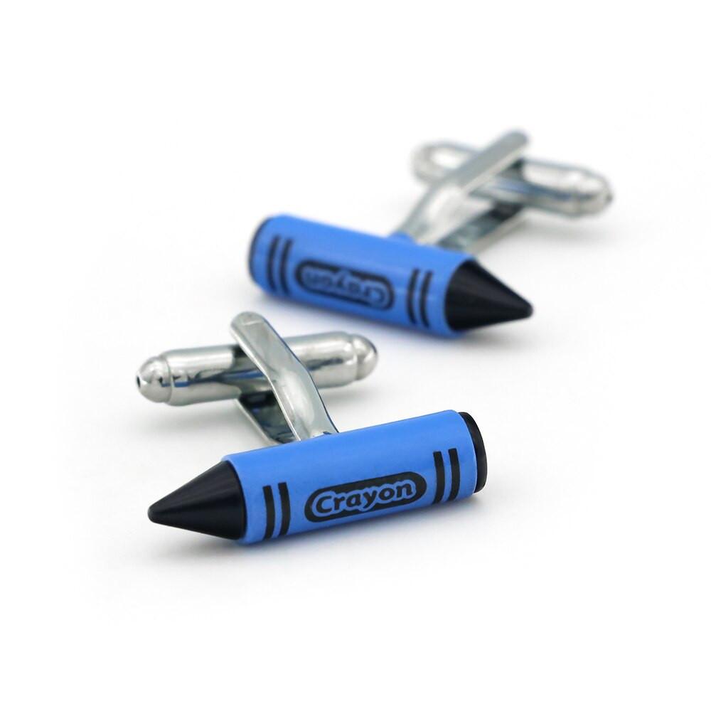 Blue crayon cufflinks, packaging
