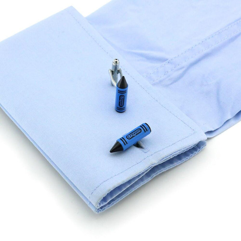 Blue crayon cufflinks, close-up