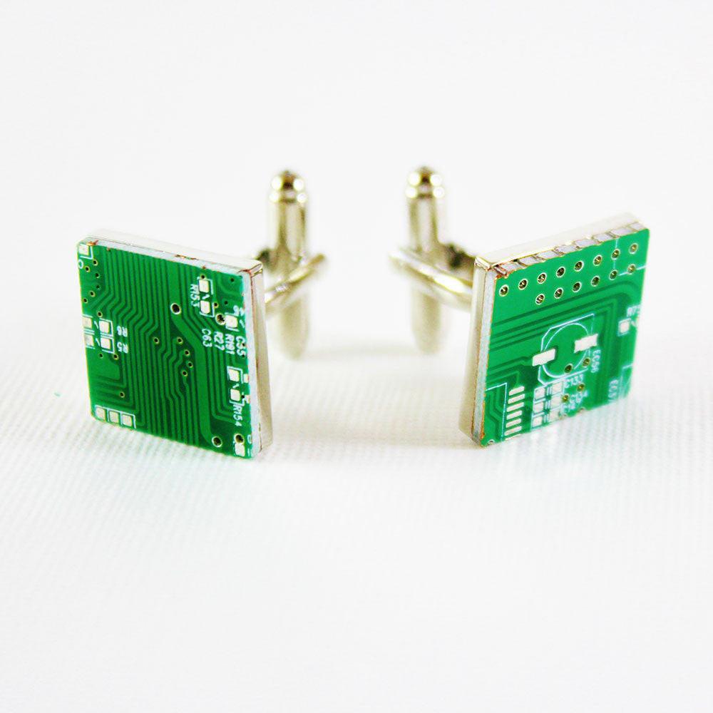 Circuit board cufflinks, close-up