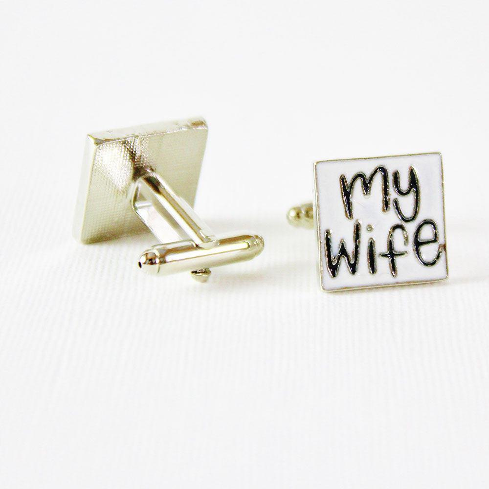 I Love My Wife cufflinks, close-up