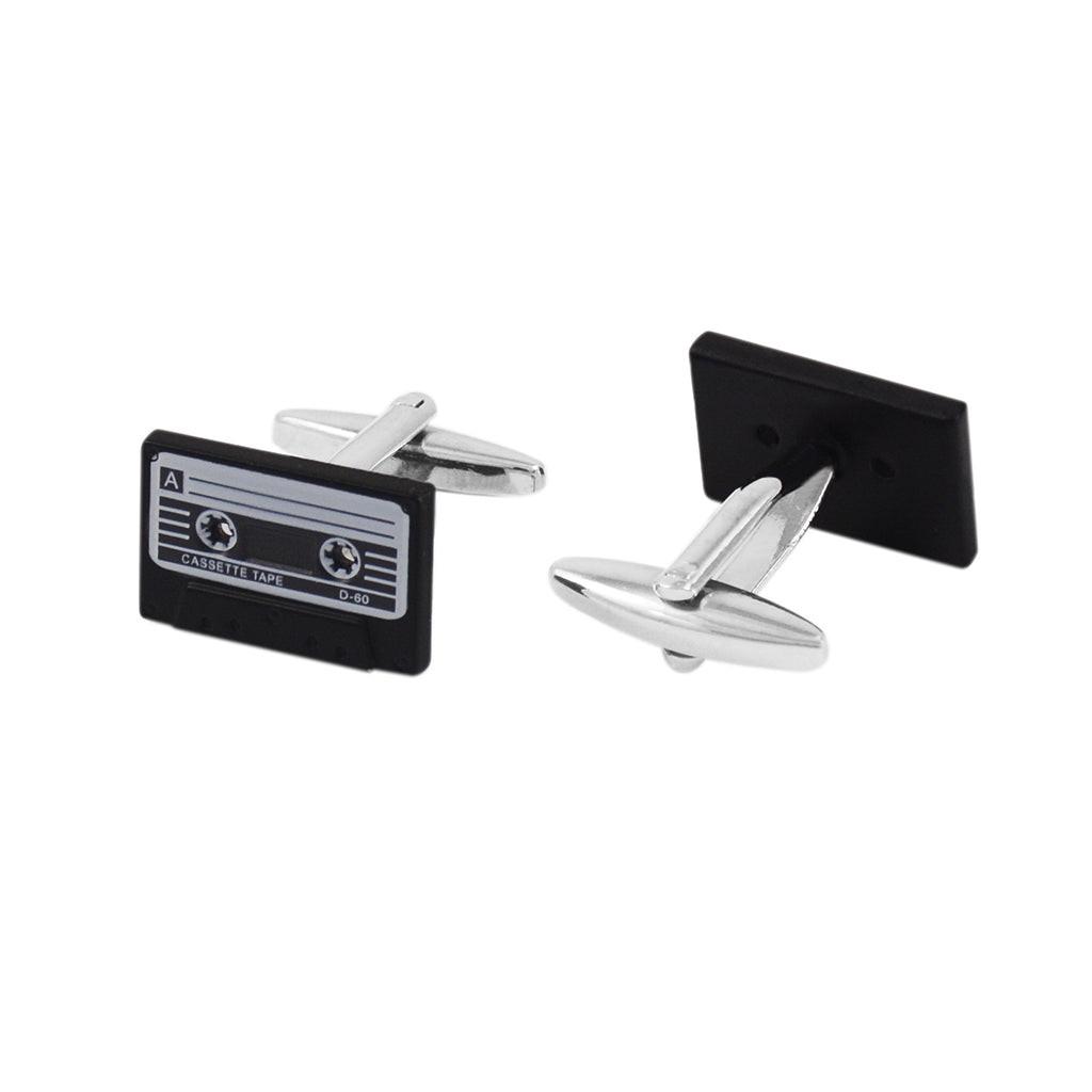 Cassette tape cufflinks, close-up