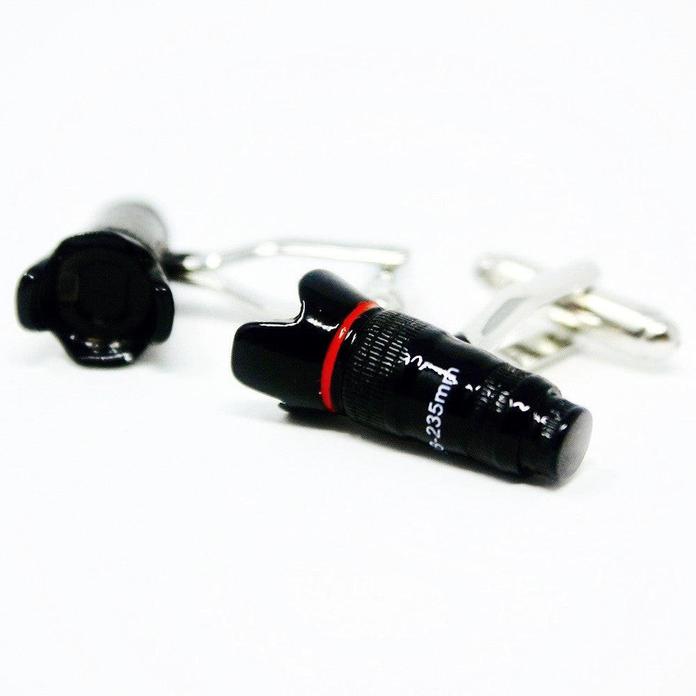 Camera lens cufflinks, side view